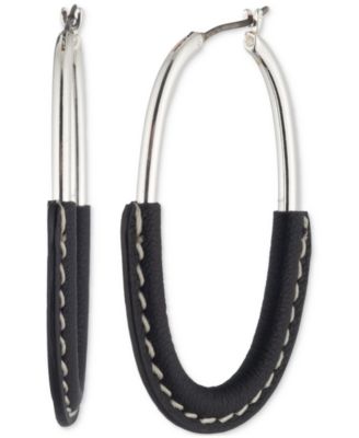 Lauren Ralph Lauren - Silver-Tone Black Leather Wrap Oval Hoop Earrings, 1.4"