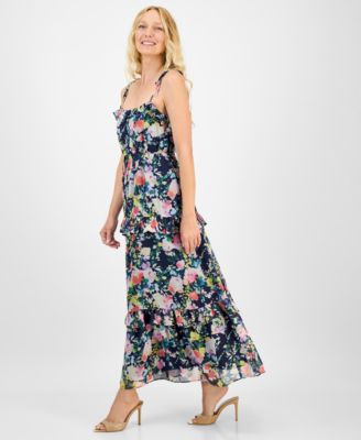 Women's Printed Tie-Strap Tiered Maxi Dress