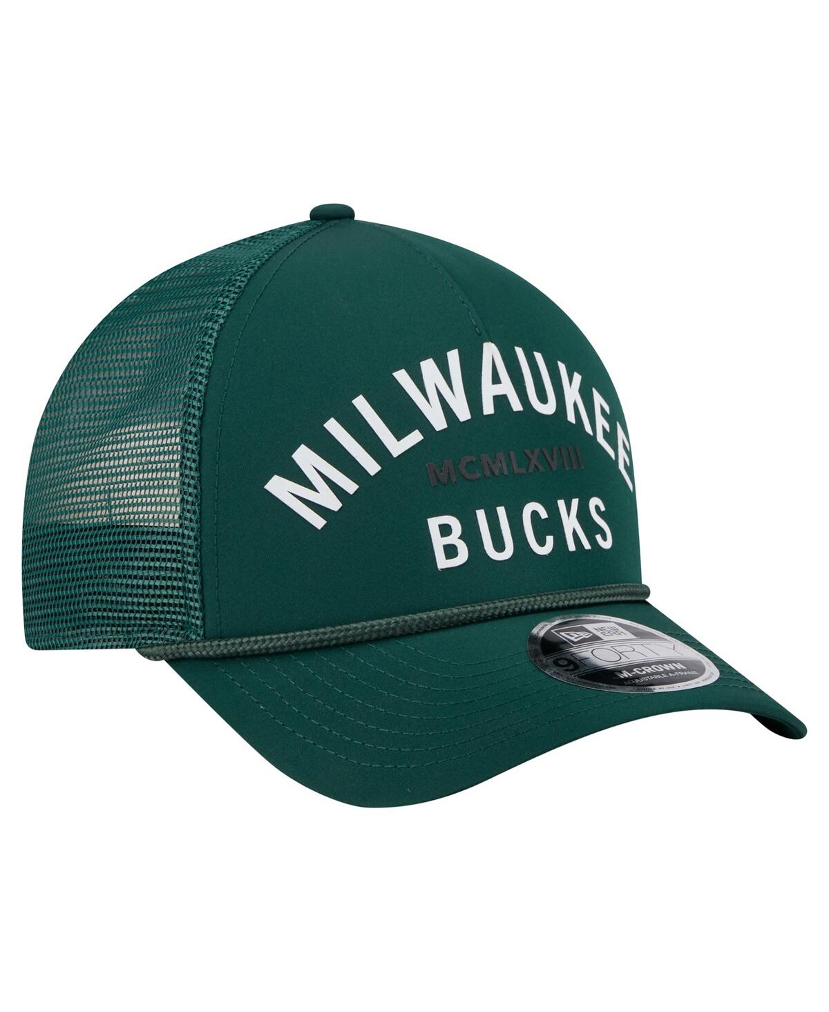 NEW ERA MEN'S HUNTER GREEN MILWAUKEE BUCKS MINIMALIST A-FRAME 9FORTY TRUCKER HAT 
