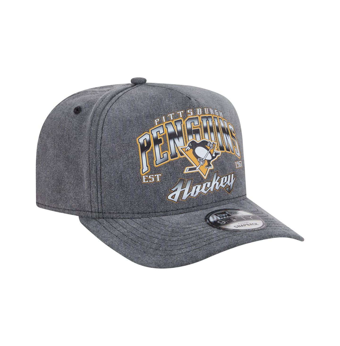 Мужская кепка New Era Charcoal Pittsburgh Penguins Throwback Washed A-Frame Pre-Curved 9FIFTY Snapback Hat — фото 3