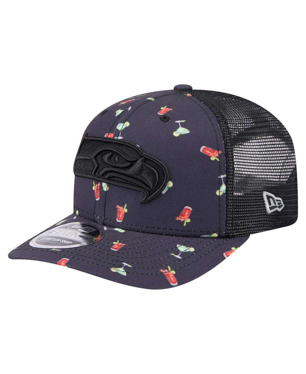 NEW ERA MEN'S NAVY/BLACK SEATTLE SEAHAWKS ADVENTURE DRINKS PATTERN 9SEVENTY STRETCH SNAP HAT 