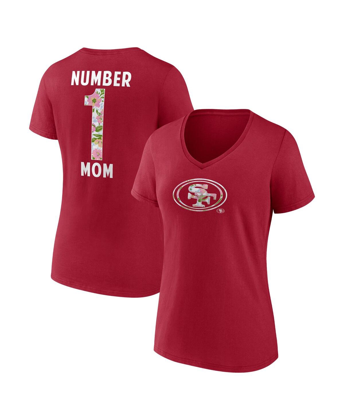 Women's Scarlet San Francisco 49ers Number 1 Mom Floral V-Neck T-Shirt - Scarlet