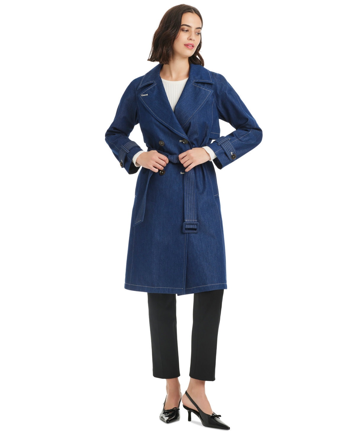 Kate Spade New York Double Breasted Longline Denim Trench Coat In Blue