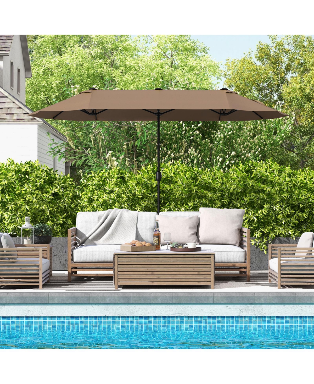13 Feet Double-Sided Patio Twin Table Umbrella with Crank Handl