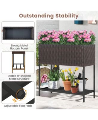 Wicker Raised Garden Bed with Storage Shelf and Removable Liner for Flowers