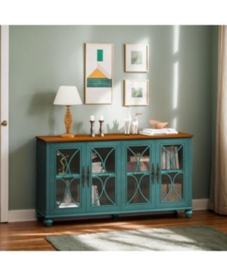 European Antique 4-Door Cabinet with Glass Doors for Living Space, Dark Green