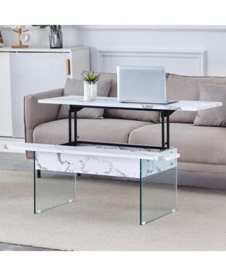 Multifunctional Lift Top Coffee Table with Modern Marble Pattern and Tempered Glass Legs