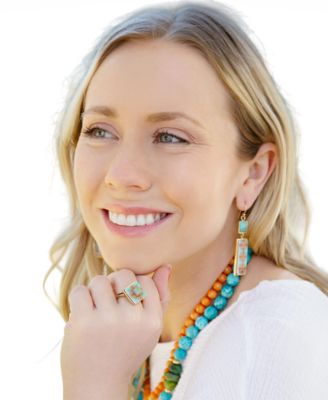 Talavera Tile and Blue Turquoise Golden Dangle Earrings