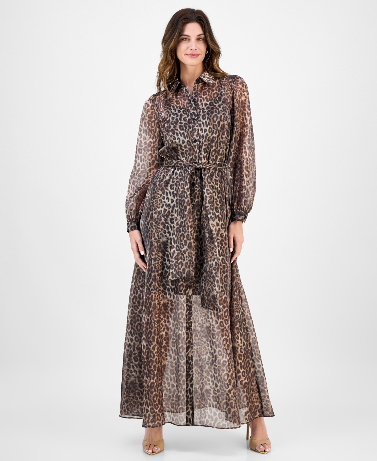 Women's Belted Long-Sleeve Shirtdress - Brown/blac