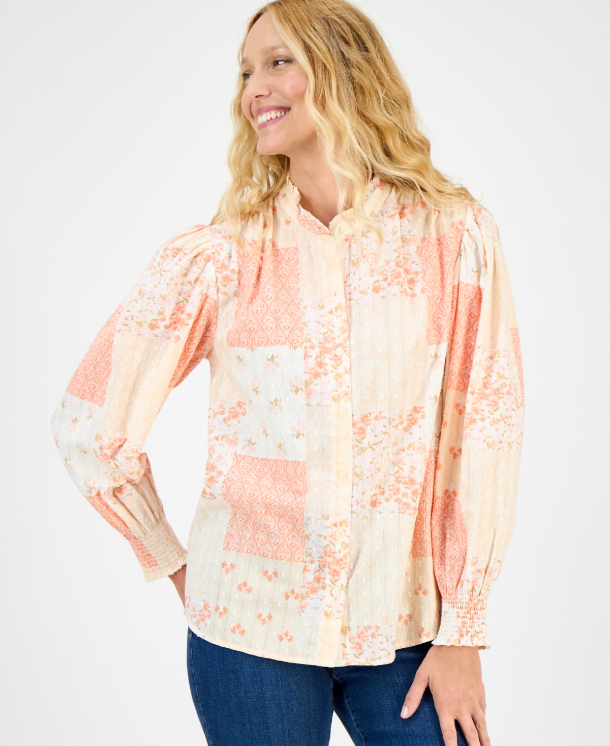 Women's Printed Long-Sleeve Ruffle-Neck Blouse, Exclusively at Macy's - Patchwork Print