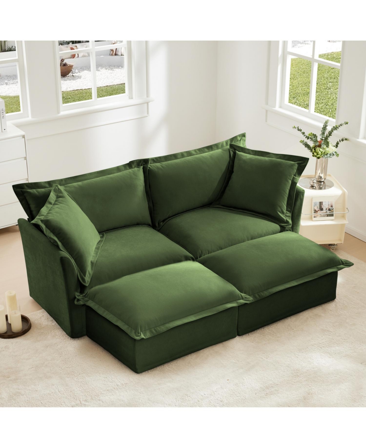 Streamdale Green Chenille 2-Seater Sofa with Ottomans & Sleeper