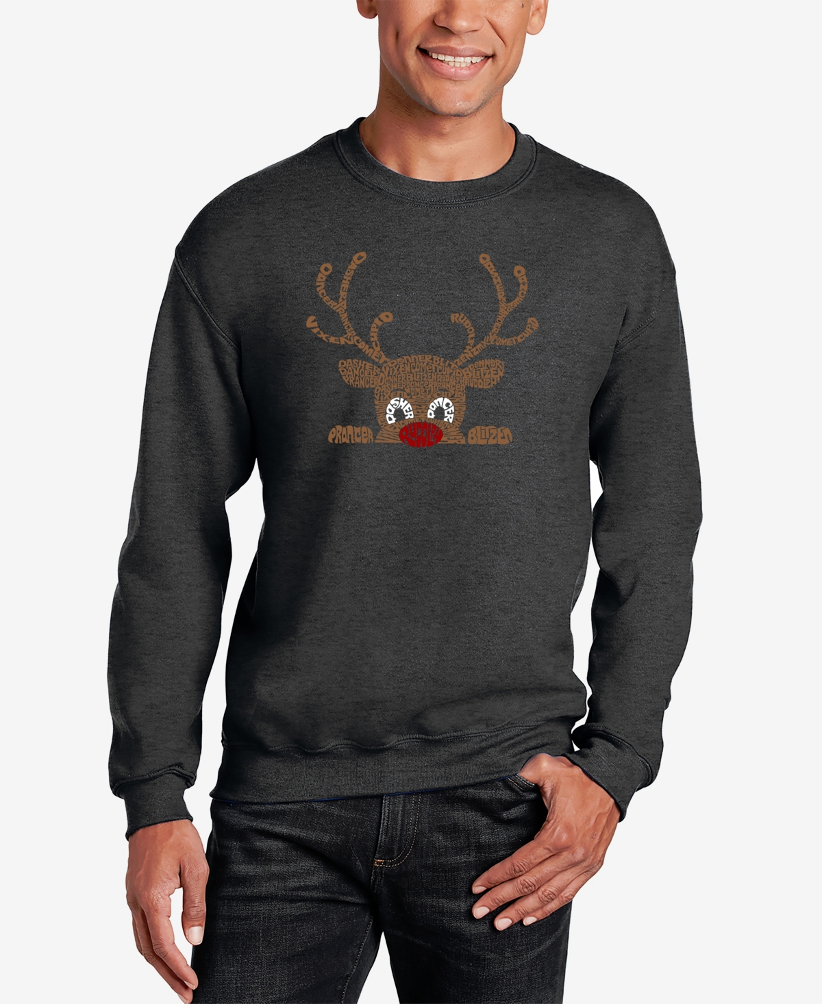 La Pop Art Men's Peeking Reindeer Word Art Crewneck Sweatshirt
