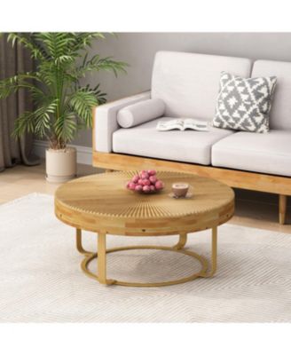 Modern Round Coffee Table with Carved Pine Top and Metal Legs