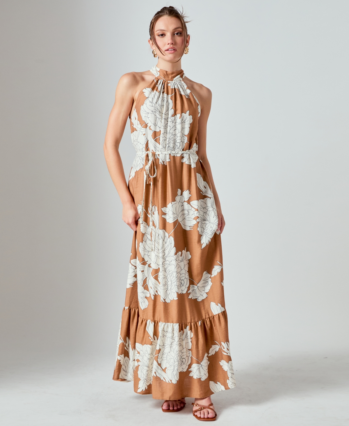 Women's Floral Halter Maxi Dress - Brown Multi