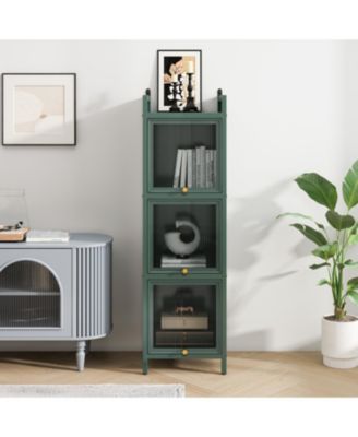 Streamdale Glass Door Cabinet with 7 Tier Storage, Modern Dark Green