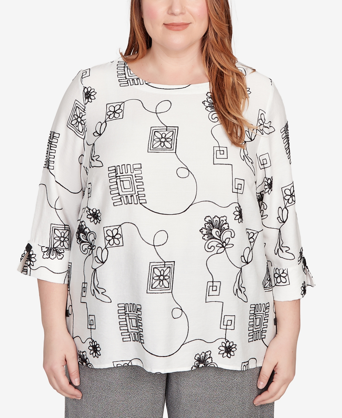 Alfred Dunner Plus Size Embroidered Floral Top In White
