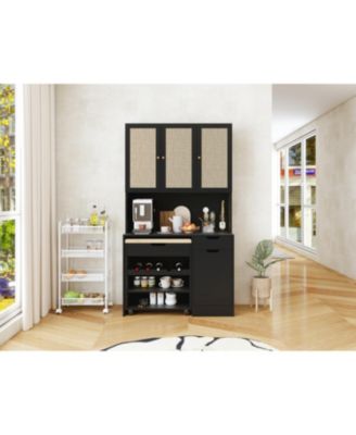 Streamdale Black Kitchen Pantry Cabinet w/ Rattan Doors & Microwave Stand