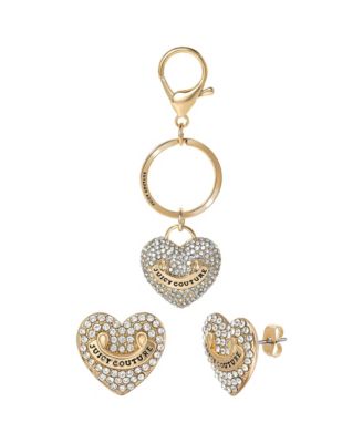 Gold-Tone Pave Heart Keychain & Earrings Set