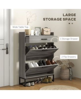 Narrow Shoe Cabinet, Industrial Shoe Storage Cabinet with 2 Flip Drawers, Adjustable Shelves, and Top Drawer, Entryway Hidden Shoe Storage for 12 Pairs of Shoes, Distressed Gray