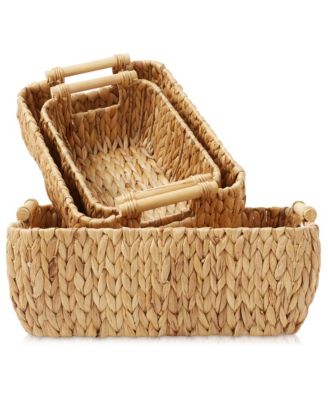 (Set of 2) Seagrass Oval Storage Baskets with Wooden Handles - Large Woven Bin Organizers