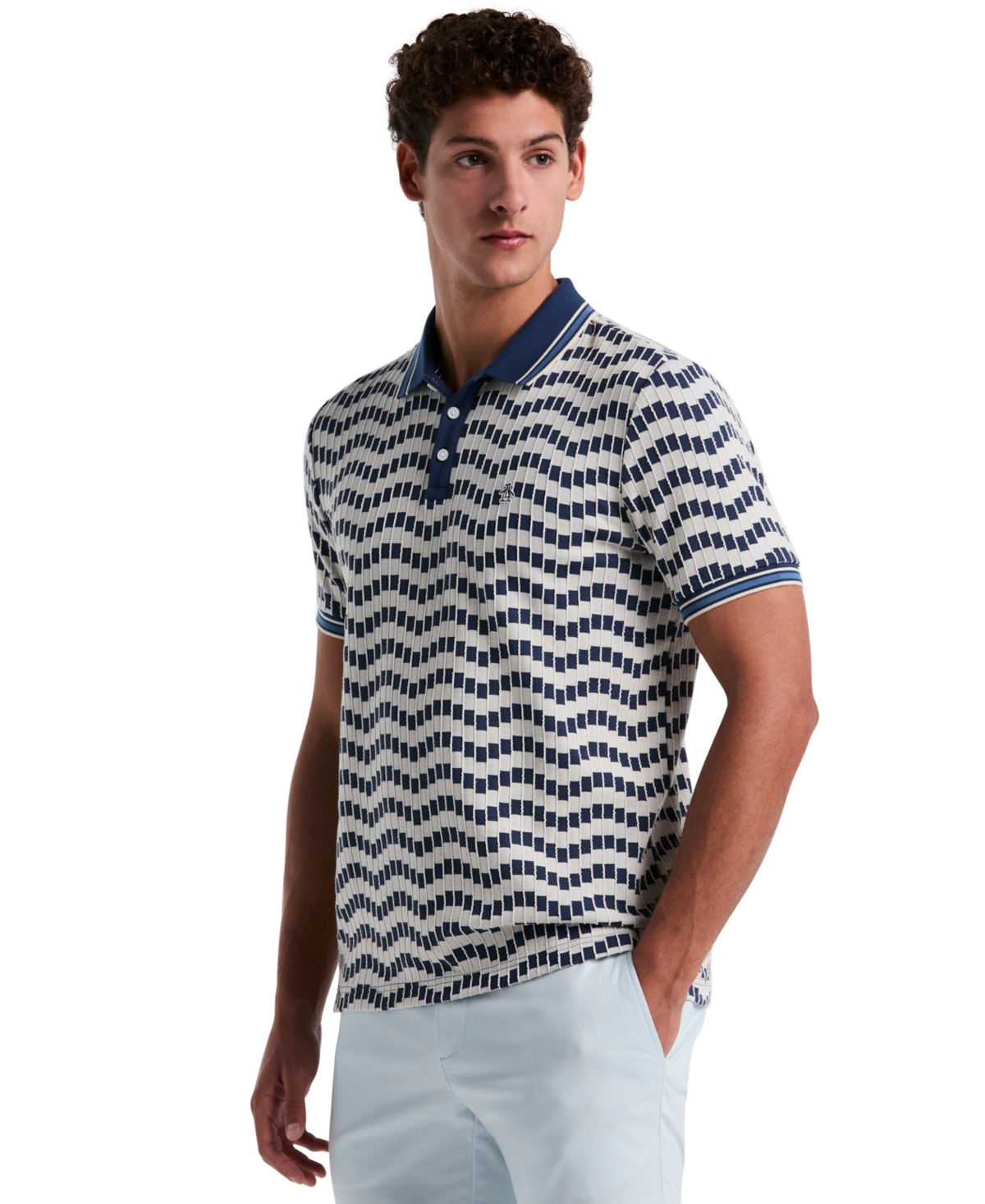 Men's Slim Fit Short Sleeve Zig Zag Textured Polo Shirt - Birch
