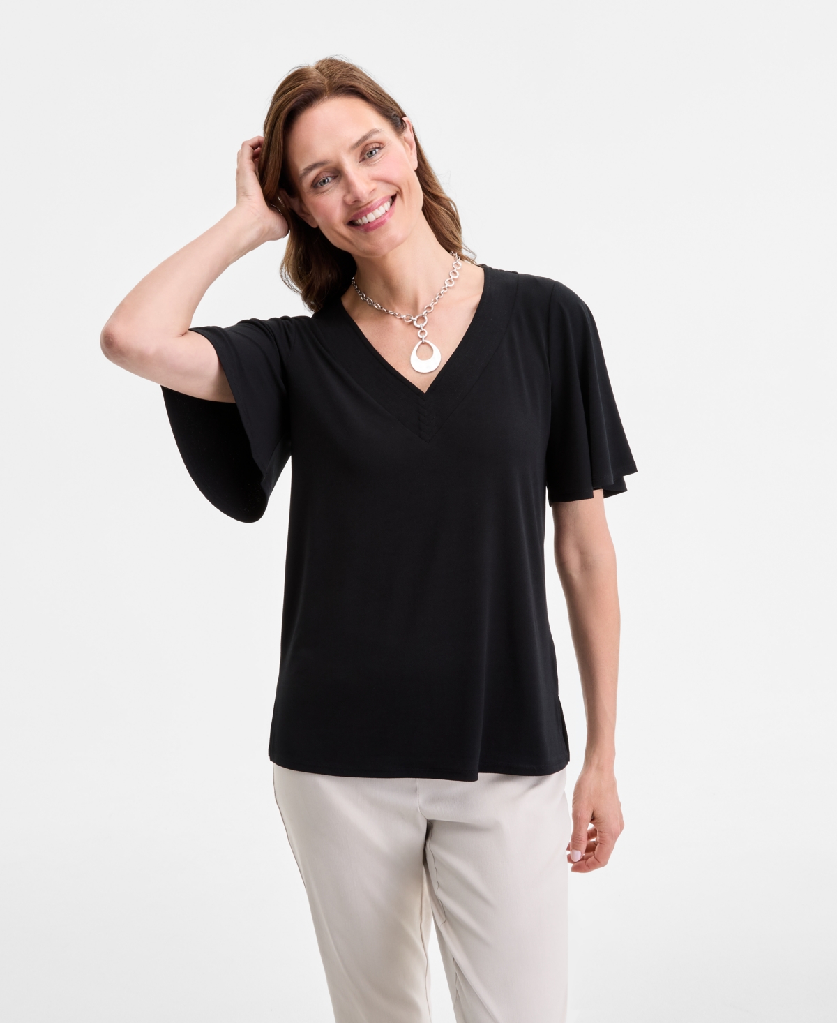 Women's Solid Crepe V-Neck Short Sleeve Top, Exclusively at Macy's - Spruced Up