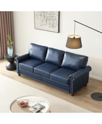 Living Room Round Arm with Silver Nails Sofa Navy Blue Faux Leather