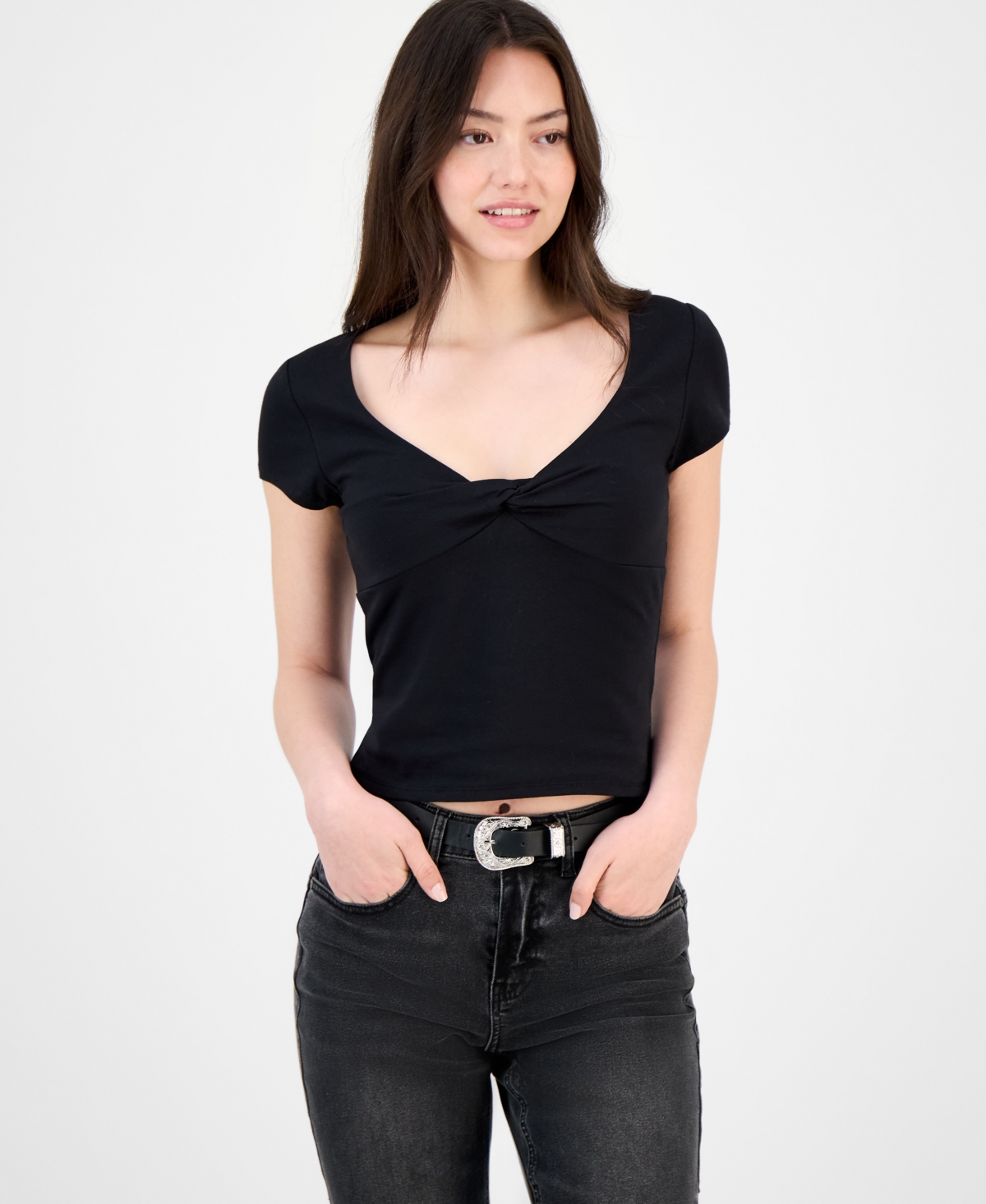 Juniors' Twist-Front Scoop-Neck Top - Cloud Heather