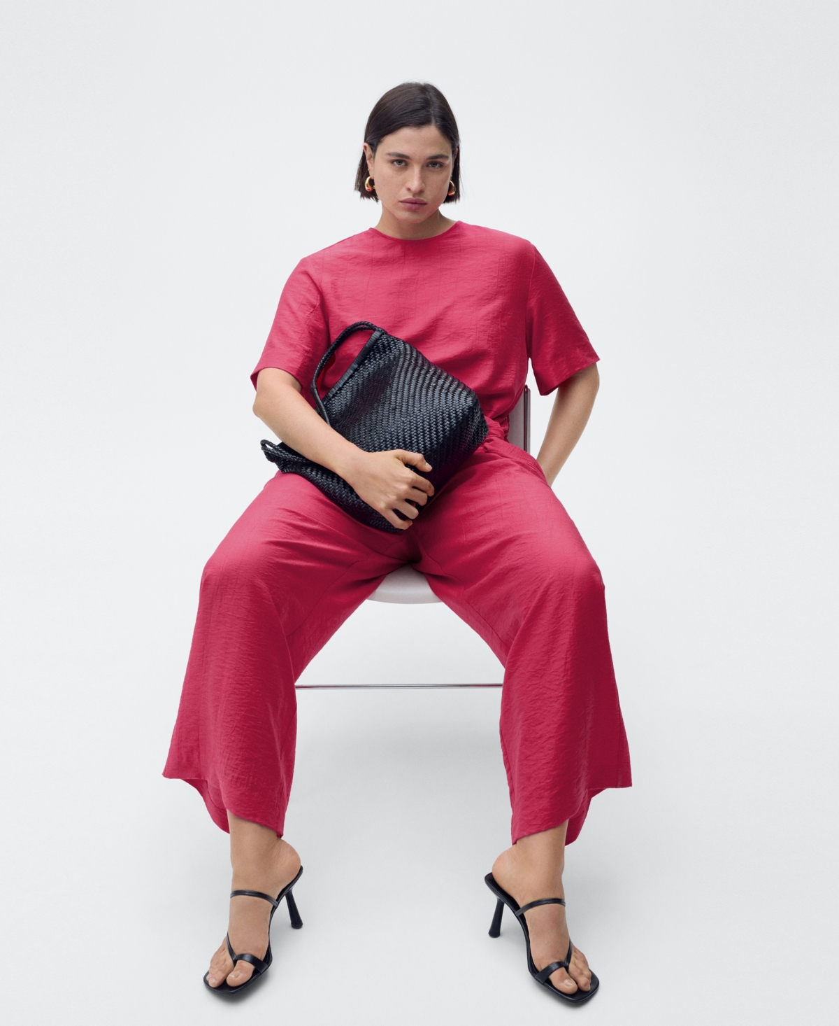 Mango Straight-fit Short-sleeved Jumpsuit With Belt Fuchsia