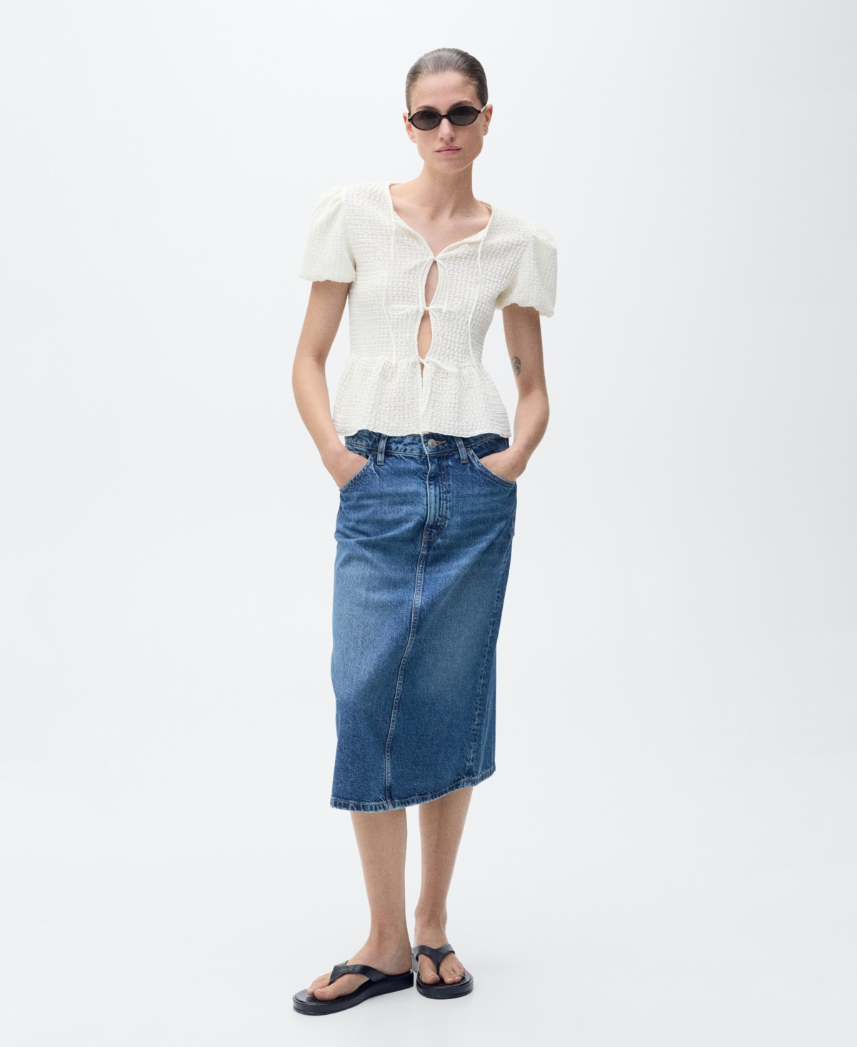 Mango Textured Blouse With Bow Closure Ecru In White