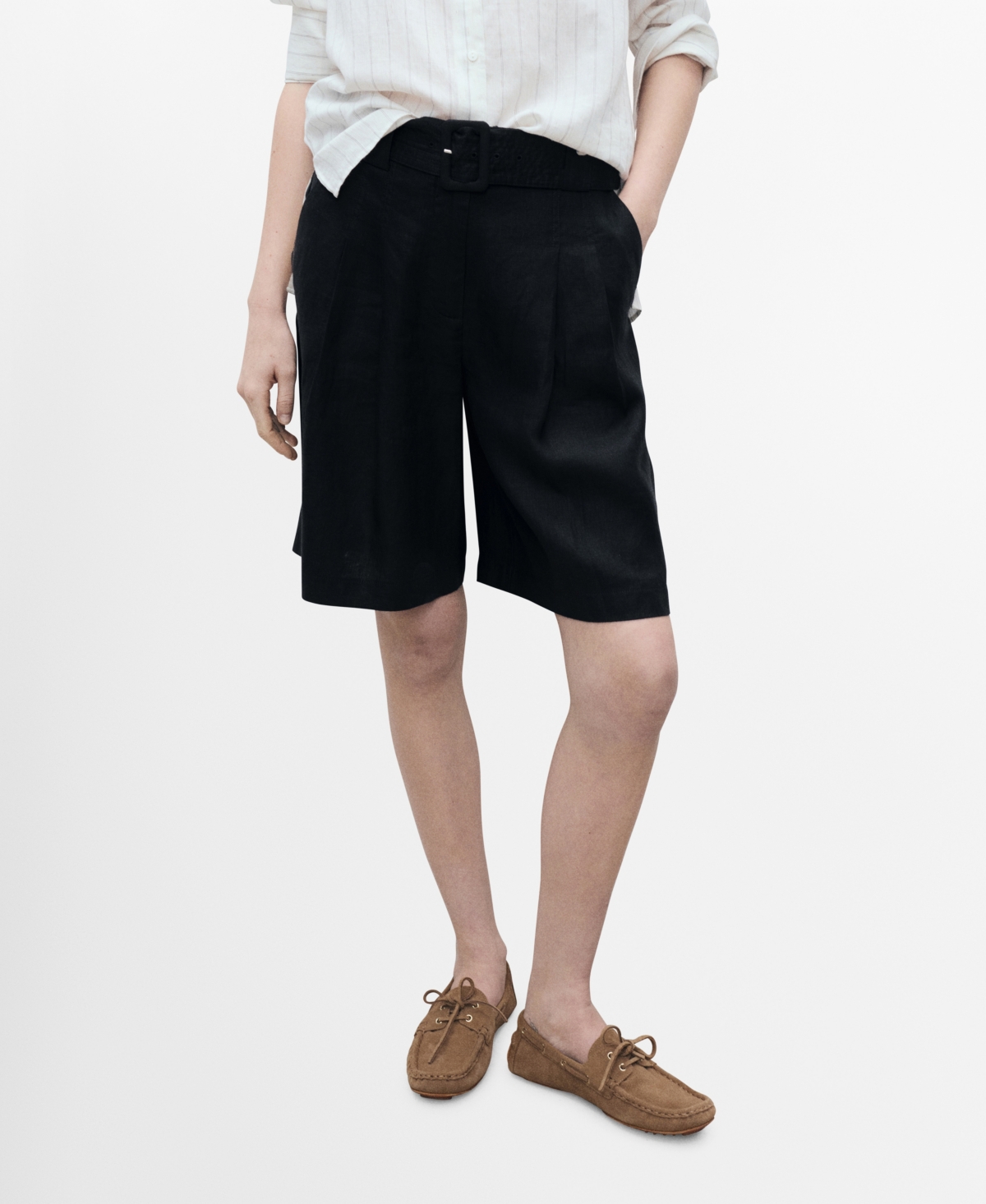 Women's Belt Linen-Blend Bermuda Shorts - Black