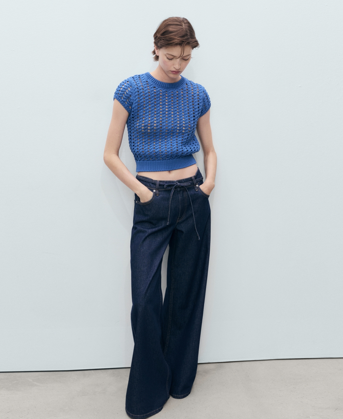 Mango Short Sleeve Open Knit Sweater In Blue