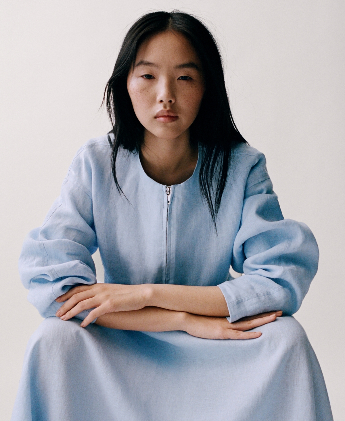 Mango Cropped Linen Jacket With Pockets Sky Blue