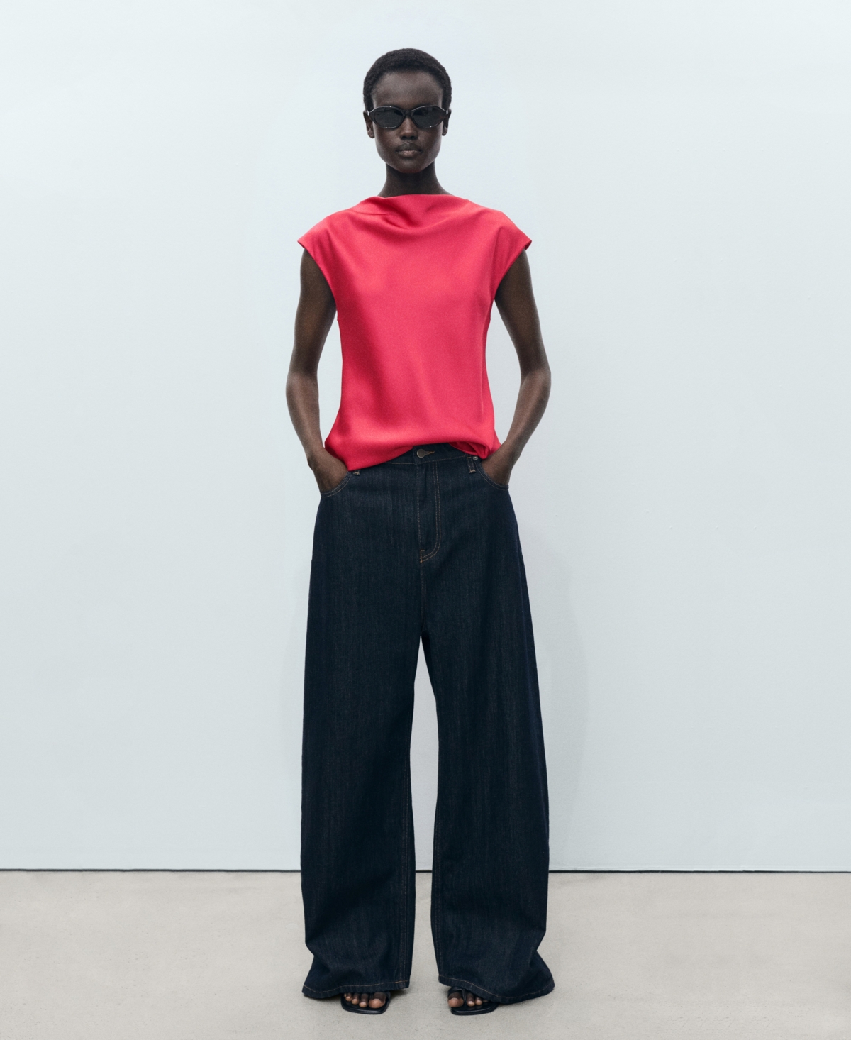 Mango Satin Blouse With Draped Neck Strawberry