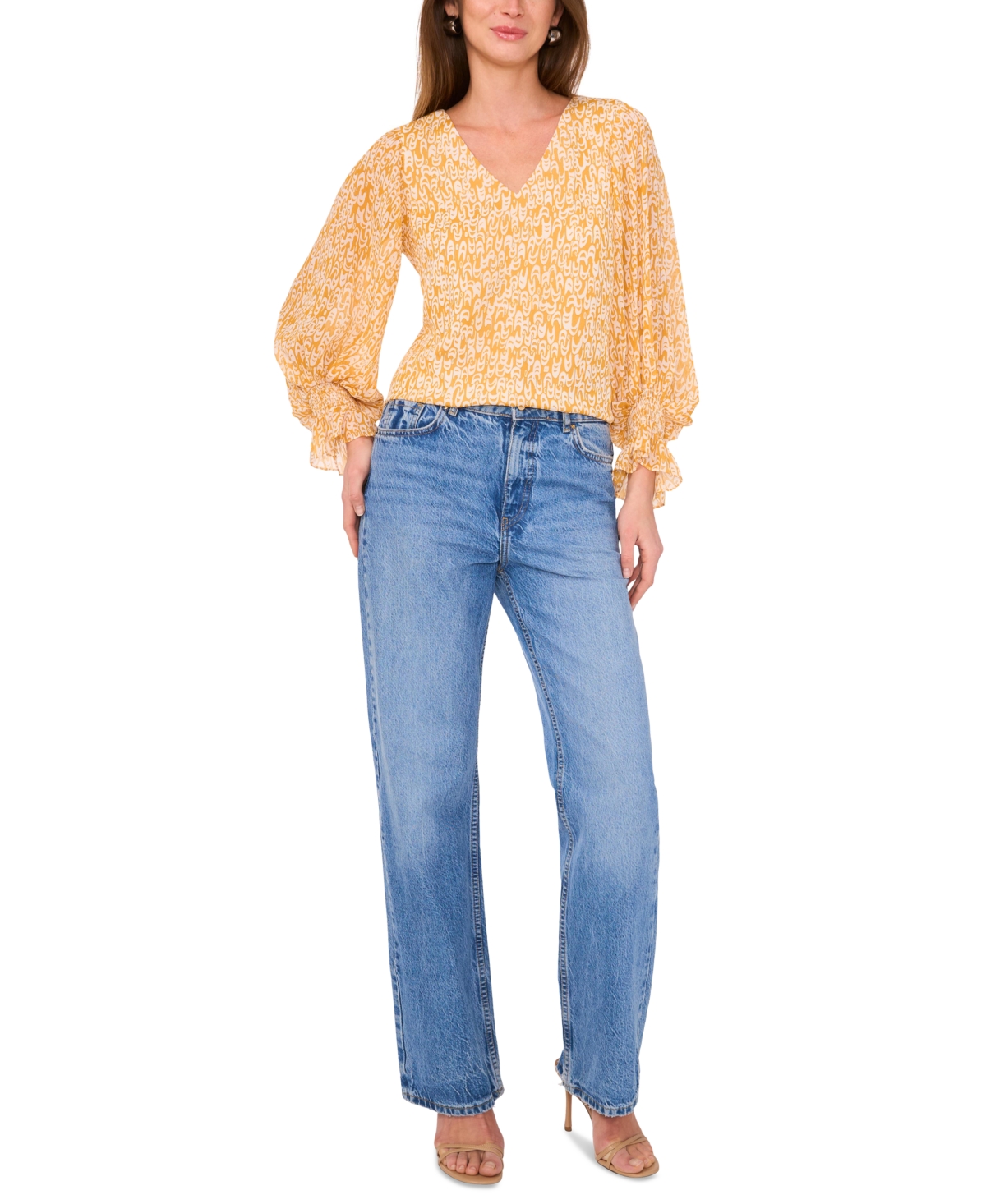 Vince Camuto Printed V-neck Ruffle Cuff Top In Orange