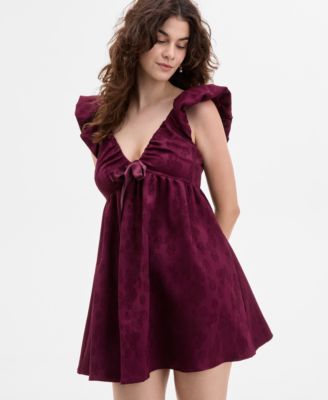 Juniors' Jacquard Ruffled Babydoll Mini Dress