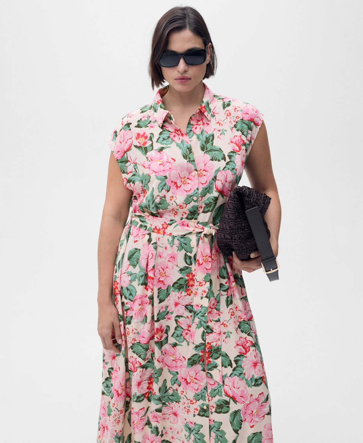 Mango Printed Shirt Dress With Belt Ecru
