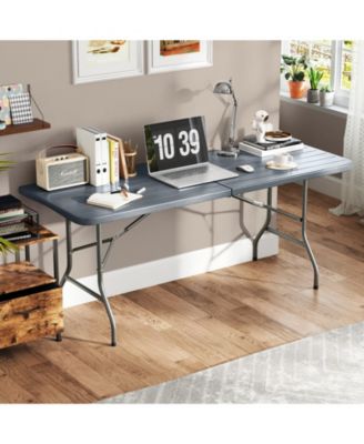 6 Feet Folding Table with Wood Grain HDPE Tabletop and Safe Lock Mechanism