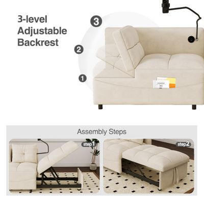 Streamdale 3-in-1 Velvet Sofa Bed with USB, Phone Stand, and Adjustable Back (Beige)