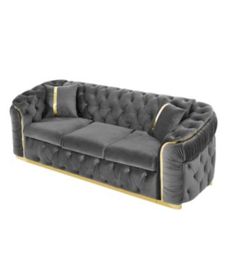 90" Velvet Button Tufted Chesterfield Sofa - Gray