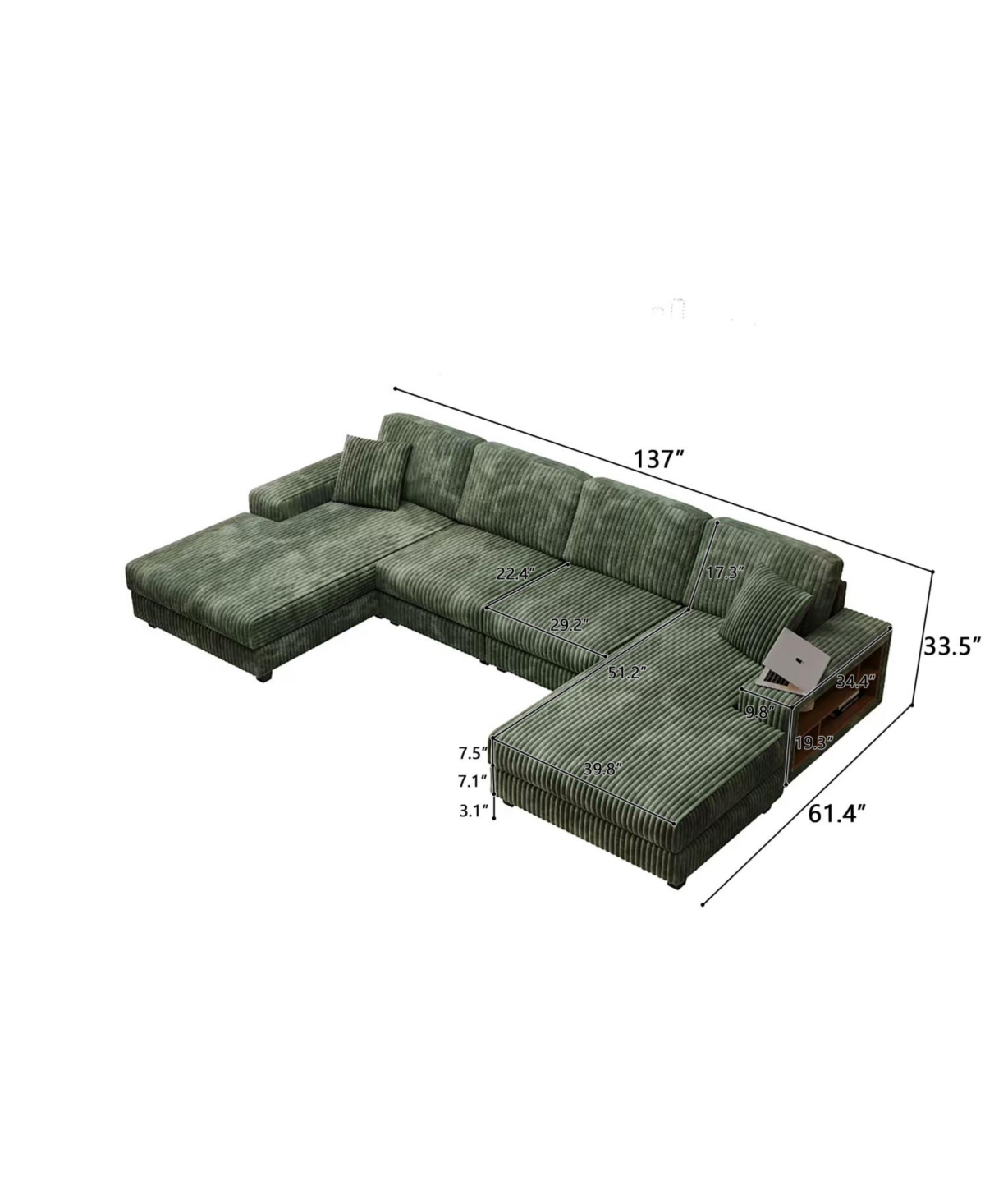 Streamdale Furniture Corduroy U-Shaped Sofa, 4 Seat Sofa Bed, Modern Living Room