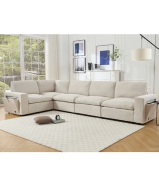 Streamdale Modular Sectional Sofa with Wireless Charger, Cup Holders, Book Space, and Soft Linen Fabric (5-seat, Beige)