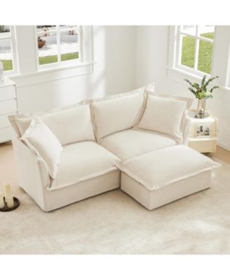 1 Count Cream Chenille Sectional Sofa with Ottoman and Pillows