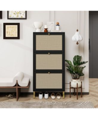 Rattan 3 Door Shoe Rack, Freestanding Modern Shoe Storage Cabinet, for Entryway