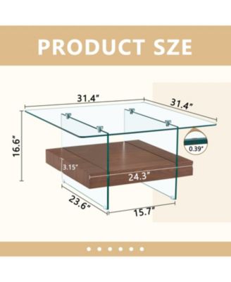 31.4" Tempered Glass & MDF 2-Tier Modern Square Coffee Table