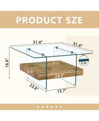 Set of 1 Modern Square Coffee Table Glass and Wood Combo
