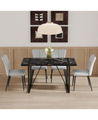 Modern Marble Dining Set Black Table & Light Gray Striped Chairs