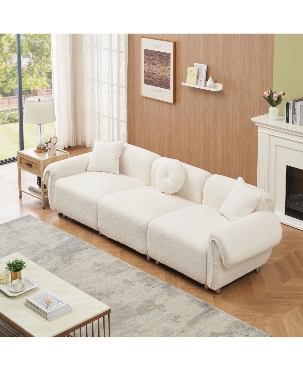 Streamdale Beige Teddy Velvet Sofa with 3 Pillows