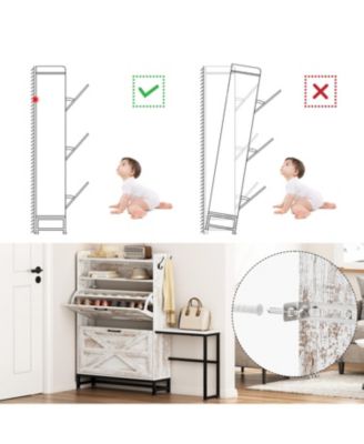 Farmhouse Shoe Cabinet with Flip Drawers, Adjustable Slots, and Open Shelves for Entryway or Balcony