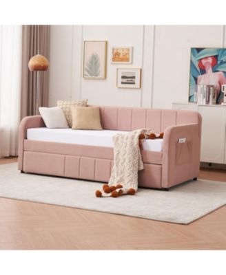 Twin Daybed Frame with Trundle, Sofa Bed, Wood Slat Support, Pink